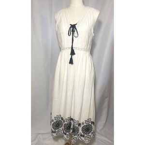 Max Studio White Boho Dress Embroidered Hem Tassel Tie Cotton Gauze Small